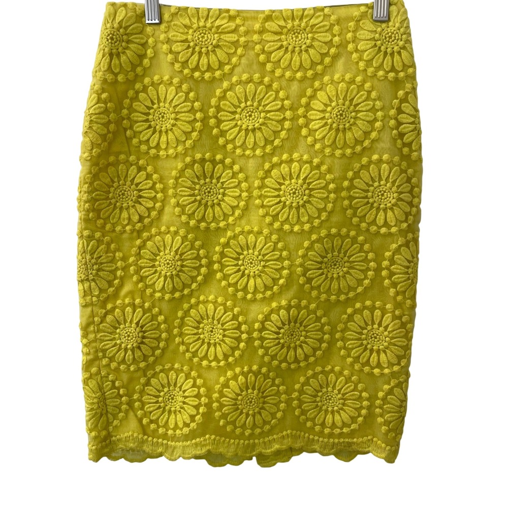 Boden Yellow Floral Eyelet Pencil Skirt Scalloped Hem Midi Size 2 Feminine